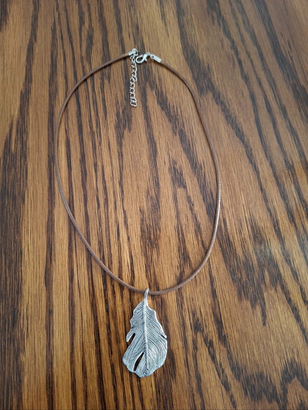 Feather Pendant Necklace Brown Cord 17" With 2" Extender Silvertone